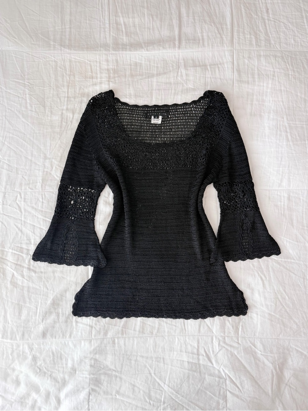 Whimsigoth Bette + Sung Black Open Knit Crochet 3/4 Sleeve Blouse Size S